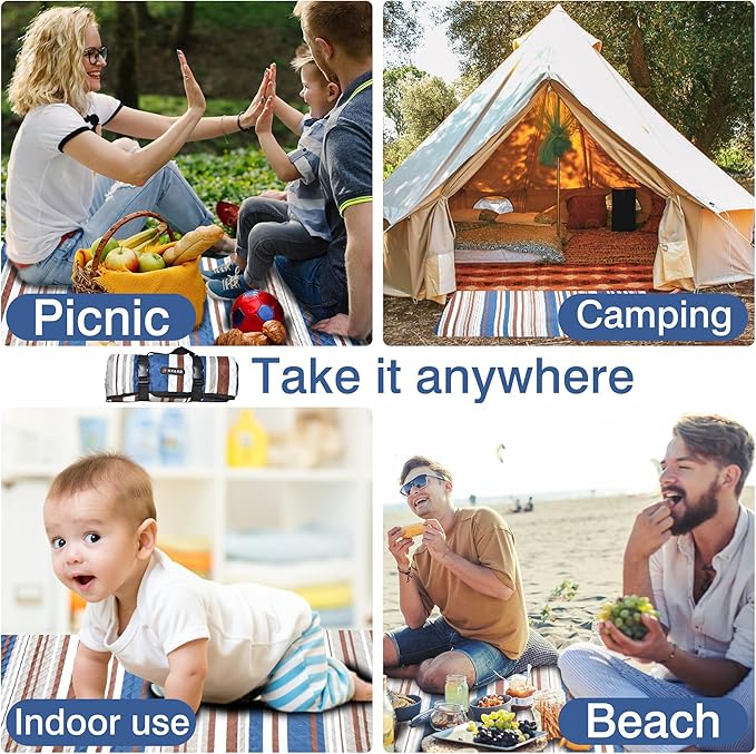 HX&OD Picnic Mat; Picnic Blanket; Waterproof Picnic Mat.(Dark Blue & Brown, 80”x 80”)