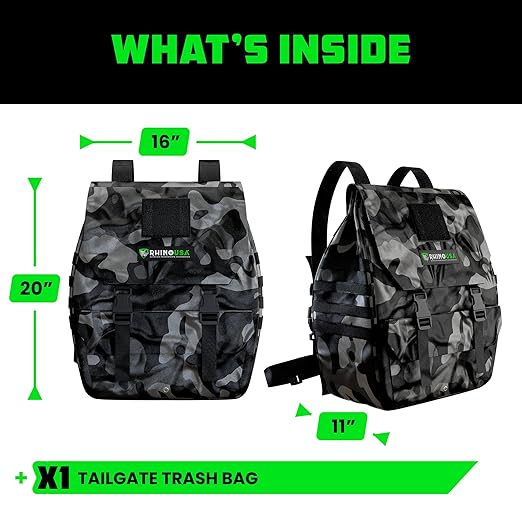 Rhino USA Tail Gate Trash Bag – Molle Compatible Overlanding Gear, Camping Essentials & Ultimate Accessory for Jeep Gladiator, Trucks & More - Camo