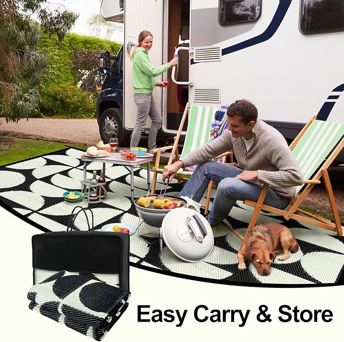 Wonnitar Waterproof 6x9 Outdoor Rug for Patio Clearance, Reversible Plastic Straw Rug Large Portable Camping RV Rug, Geometric Outside Area Rug for Backyard Balcony Garden (Black & White,6'x9')