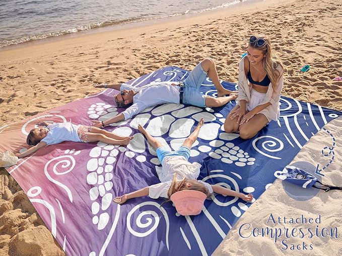 WEKAPO Beach Blanket Waterproof Sandproof Oversized Extra Large Sand Free Beach Mat with Stakes, Storage Bag - Essentials for Outdoor Beach, Picnic (Deep Blue Sea Turtle, 8 X 7 FT (1~4 Person))