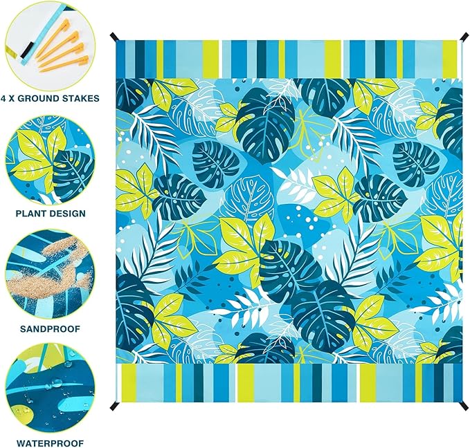 WERNNSAI Beach Blanket Waterproof Sandproof - Extra Large Beach Mat 79" x 83" Sand Free with 4 Stakes Pockets Quick Dry Lightweight Blue Plant Pattern Picnic Mat for Beach Party Camping