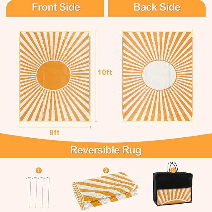 Wonnitar Outdoor Rug 8x10 Patio Waterproof Rugs - Large Reversible Plastic Straw Rug, Portable Outside Camping Mat for RV Deck, Lightweight Outdoor Carpet for Beach Garden (Orange, 8'x10')