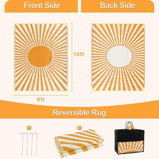 Wonnitar Outdoor Rug 8x10 Patio Waterproof Rugs - Large Reversible Plastic Straw Rug, Portable Outside Camping Mat for RV Deck, Lightweight Outdoor Carpet for Beach Garden (Orange, 8'x10')