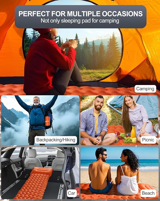 Inflatable Camping Sleeping Pad with Pillow & Foot Pump, 3"x79"x26" Single Camping Air Mattress, Compact Roll-Up, Quick-Dry & Durable Sleeping Mat for Backpacking, Hiking, Tent, Travel – Orange