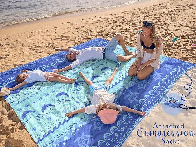 WEKAPO Beach Blanket Waterproof Sandproof Oversized Extra Large Sand Free Beach Mat with Stakes, Storage Bag - Essentials for Outdoor Beach, Picnic (Bohemian Sealife, 8 X 7 FT (1~4 Person))