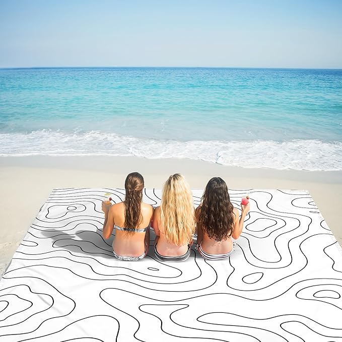 110''×118'' Oversized Beach Blanket for 4-8 Adults, White Waterproof Sandproof Picnic Blanket, Lightweight Foldable Sand Free Outdoor Mat w/ 4 Stakes & Portable Carry Bag for Travel, Camping, Hiking