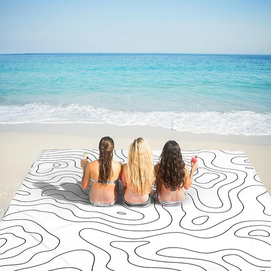 110''×118'' Oversized Beach Blanket for 4-8 Adults, White Waterproof Sandproof Picnic Blanket, Lightweight Foldable Sand Free Outdoor Mat w/ 4 Stakes & Portable Carry Bag for Travel, Camping, Hiking