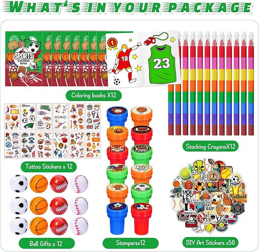 Cinrobiye 72 Pieces Sports Party Favors,Sports Goodie Bags Fillers ,Sports Coloring Book with Crayons,Ball birthday Party Supplies,Sports Games Class Prizes Gift for Classroom Sports School Party