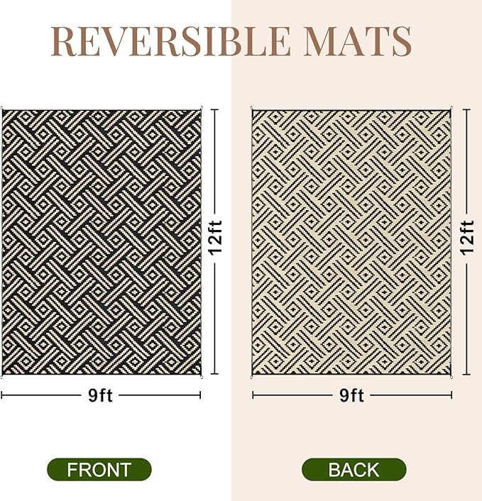 OPPODREAM Outdoor Rug 9x12 Patio Waterproof, Large Outdoor Plastic Straw Rug, Reversible Out Door Carpet Camping Essentials, Deck, Rv, 9 x 12 Area Carpet for Balcony, Porch, Backyard, Black & Beige