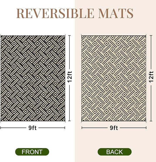 OPPODREAM Outdoor Rug 9x12 Patio Waterproof, Large Outdoor Plastic Straw Rug, Reversible Out Door Carpet Camping Essentials, Deck, Rv, 9 x 12 Area Carpet for Balcony, Porch, Backyard, Black & Beige