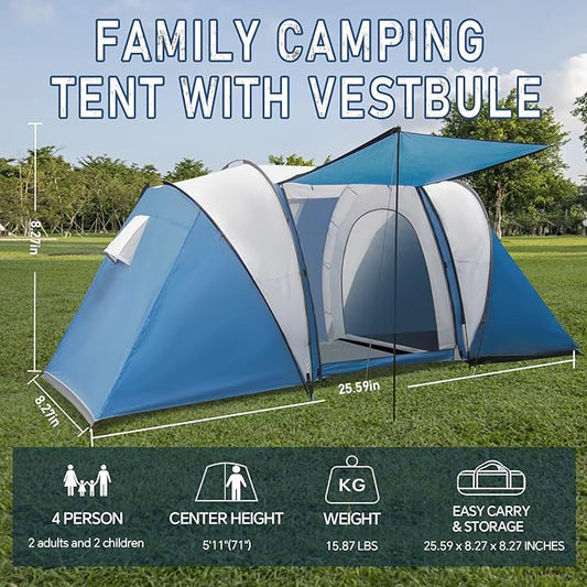 2 Room Family Camping Tent with Porch, Weatherproof Camping Shelter with Rainfly, 2-4 Person Easy Set Up Dome Tent for Outdoor, Picnic, Hiking