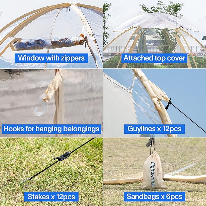 EighteenTek Sports Tent Screen House Room Greenhouse Camping Tent Canopy Gazebos 4-6 Person for Patios Large Oversize Weatherproof Pod Pop Up Tent, Cold Protection Beige 10βx10β