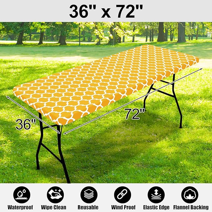 Smiry Rectangle Picnic Table Cover, Waterproof Elastic Fitted Camping Tablecloths for 6 Foot Tables, Wipeable Flannel Backed Vinyl Tablecloth Protector for Indoor, Outdoor (Yellow, 36x72 Inches)
