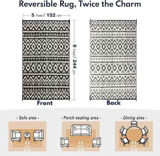 Waterproof Outdoor Rug 5x8 ft, Reversible Plastic Straw Rug, Easy to Clean Patio Rug, Portable Carpet for Patio, RV, Deck, Balcony, Backyard, Picnic, Beach, Geometric Diamond, Gray