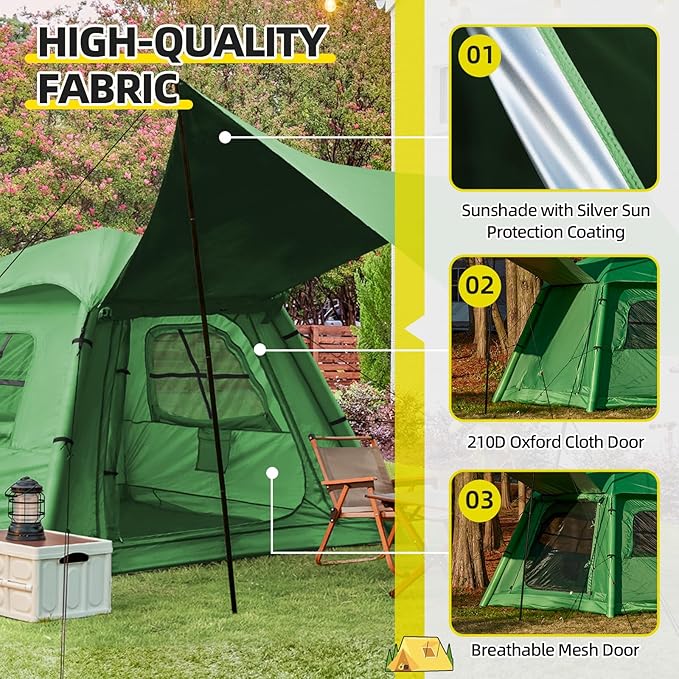 YOLENY 2-4 Persons Inflatable Camping Tent with Pump & Extended Canopy, Easy Set-up, Oxford Portable Free-Standing Family Cabin Tents for Hiking