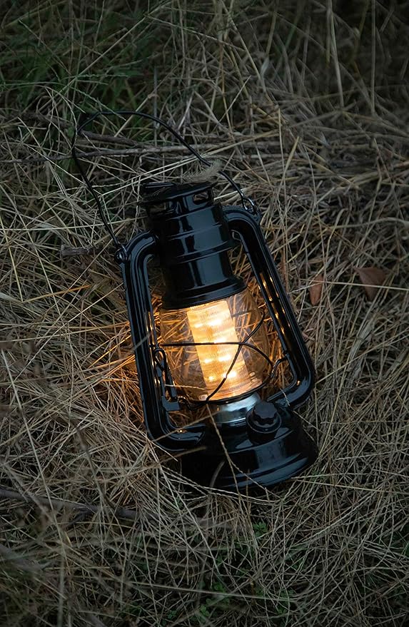 YAKii LED Vintage Lantern Metal Hanging Hurricane Lantern 12 LED Dimmer Switch Warm White Battery Operated Power Outage Indoor Camping Lighting Outdoor Brooklyn (Black 2 Pack)