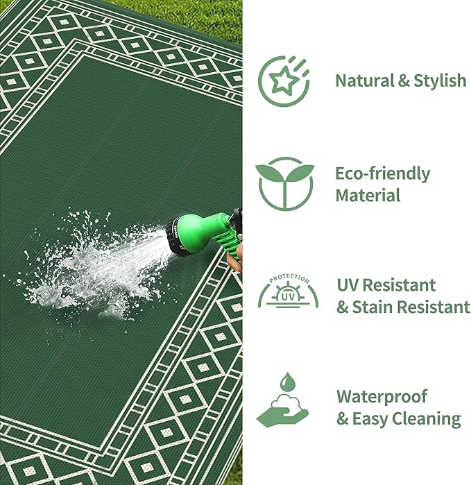 GENIMO Outdoor Rug Waterproof 6'x9' for Patio, Foldable Reversible Plastic Straw Carpet for Travel Trailers, Outside Area Mat for Rv, Deck, Picnic, Porch, Camper, Balcony, Beach, Green & Yellow