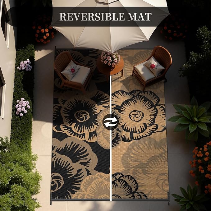 MontVoo Outdoor Rug-Waterproof Patio Rug Mat 6x9 Outdoor Carpet Mat Reversible Plastic Straw Outside Outdoor Rug for RV Camping Picnic Beach Balcony Backyard Pool Deck Farmhouse Floral Black Brown
