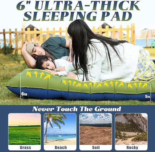 Double Sleeping Pad for Camping, 6" Extra-Thick 2 Person Camping Sleeping Pad with Pillow Built-in Foot Pump, Inflatable Sleeping Mat for Backpacking, Tent, Hiking Essentials Gear