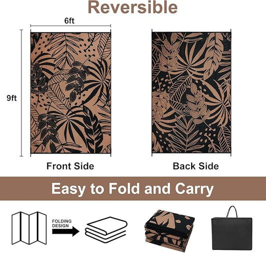 Anidaroel Leaf Outdoor Rugs 6x9ft for Patios Clearance Waterproof, Reversible Tropical Plastic Straw Camping Mat Outside Rug, Large Outdoor Area Rug for RV, Deck, Balcony, Picnic(Black/Brown,6'x9')