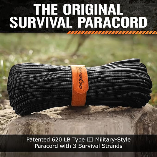 TITAN Survival Patented Paracord 550 - 25ft, 100ft, 500ft & Color Options - 620LB Strength Survival Paracord Military Spec with 3 Strands - Heavy Duty Hank Cord for Camping & Outdoors with Firestarter