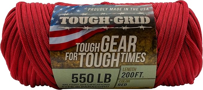 TOUGH-GRID Premium Red Paracord 550 lbs Made in USA Outdoor Survival Nylon Rope Tactical Heavy Duty Strands Parachute Cord Used by US Military Type III Mil-Spec