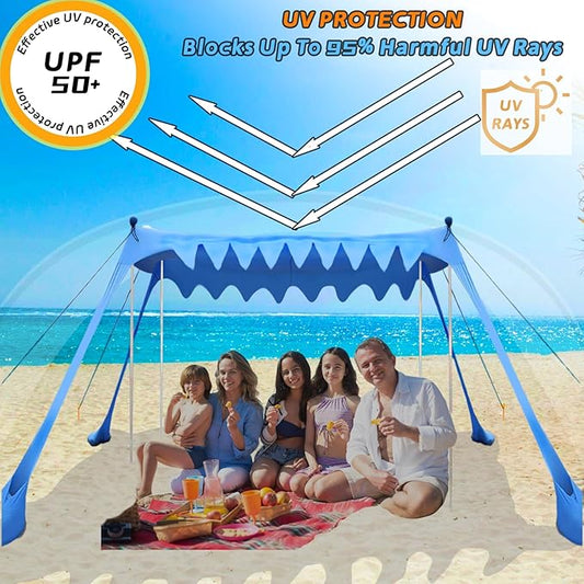 Beach Shade Tent,Beach Sunshade Canopy UPF 50+UV Protection,10x10 Ft Beach Shelter with 4 Sandbags and Thick Stability Poles,Sand Shovel,Ground Pegs,Carry Bag,Camping,Backyard Fun,Outdoor Canopy Tent