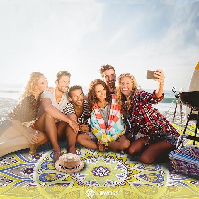 Beach Blanket Waterproof Sandproof Oversized 95โx 80โ,Sand Free Beach Mat with Corner Pockets,Portable Mesh Bag for Beach Festival,Picnic,Travel and Outdoor Camping (Yellowtan)