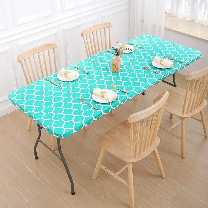 Smiry Rectangle Picnic Table Cover, Waterproof Elastic Fitted Camping Tablecloths for 6 Foot Tables, Wipeable Flannel Backed Vinyl Tablecloth Protector for Indoor, Outdoor (Teal, 30x72 Inches)