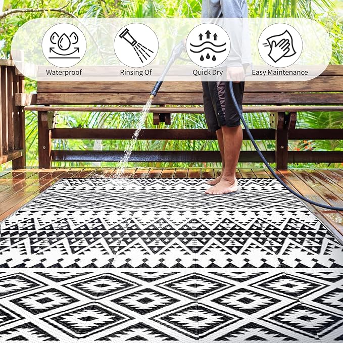 Waterproof Outdoor Rug 9x12ft, Bohemia Reversible Plastic Straw Mat for Patio RV Deck Porch Backyard Balcony Camping Picnic Beach Indoor Outdoor Carpet, Black&White