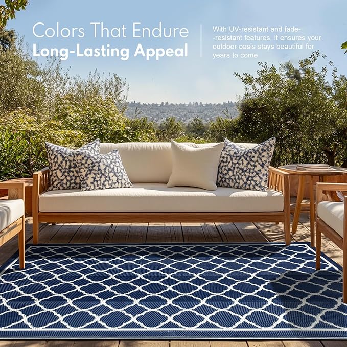Waterproof Outdoor Rug 9x12 ft, Reversible Plastic Straw Rug, Easy to Clean Patio Rug, Portable Carpet for Patio, RV, Deck, Balcony, Backyard, Picnic, Beach, Clover, Navy Blue