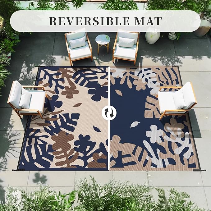 MontVoo Outdoor Rug Waterproof 6x9 ft RV Outdoor Rug for Camping Picnic Mat Outdoor Patio Rug Carpet Plastic Straw Reversible Floral Navy Orange