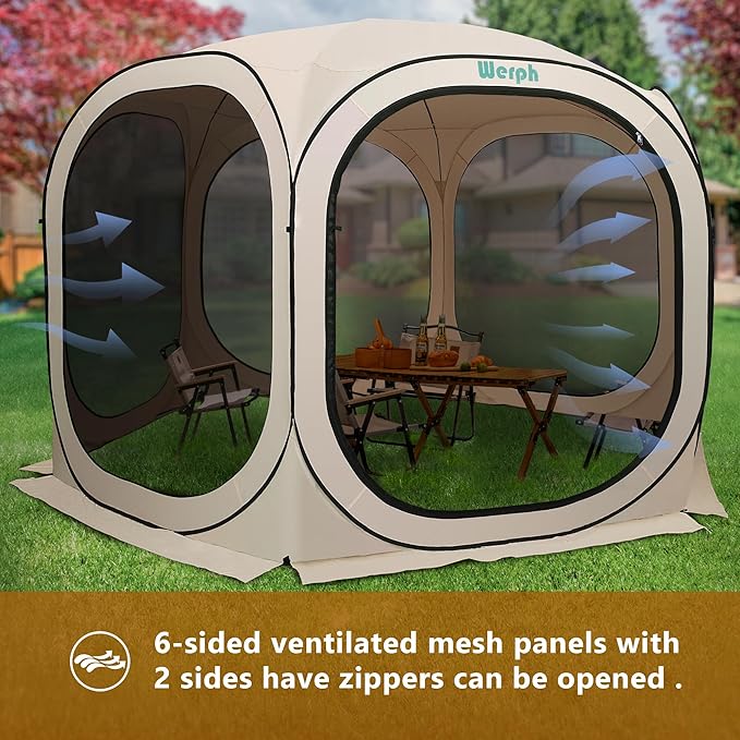 Pop Up Screen Tent Canopy, Portable Screen Canopy with Mosquito Net, Outdoor Screen Room Tent 12 x12 FT with Carry Bag for Lawn & Garden, Parties,Beige