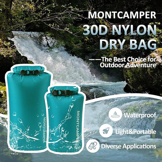 2-pack 30D Nylon Waterproof Dry Bag-Portable Storage Sack for Kayaking, Hiking and Rafting-Roll Top Closure-Float on Water(5L/20L,Turquoise blue)