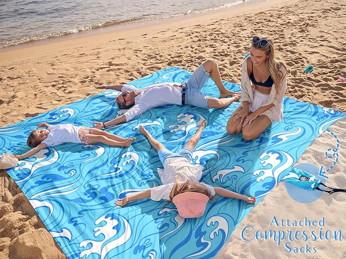 WEKAPO Beach Blanket Waterproof Sandproof Oversized Extra Large Sand Free Beach Mat with Stakes, Storage Bag - Essentials for Outdoor Beach, Picnic (Blue Ocean Waves, 8 X 7 FT (1~4 Person))