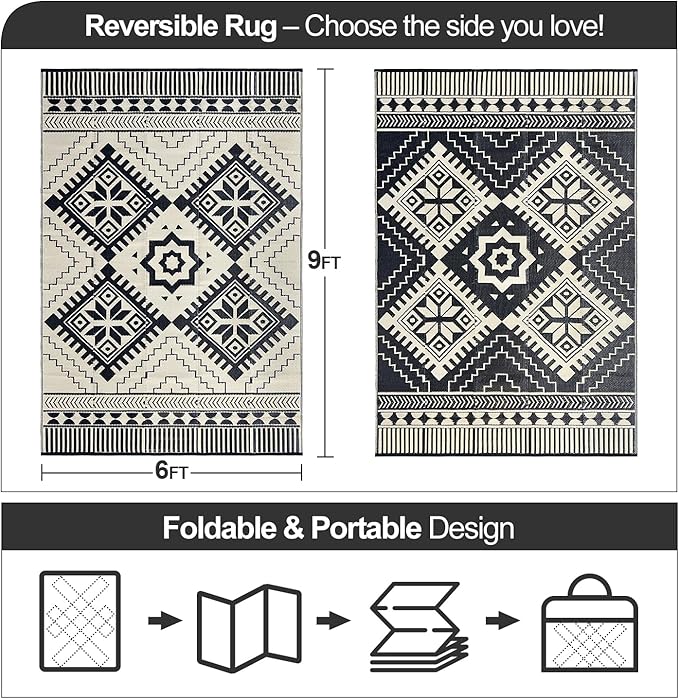 Waterproof Outdoor Rug 6x9ft, Boho Reversible Plastic Straw Mat for Patio RV Deck Porch Backyard Balcony Camping Picnic Beach Indoor Outdoor Carpet, Black&Beige