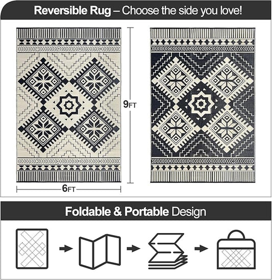 Waterproof Outdoor Rug 6x9ft, Boho Reversible Plastic Straw Mat for Patio RV Deck Porch Backyard Balcony Camping Picnic Beach Indoor Outdoor Carpet, Black&Beige