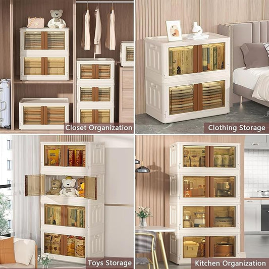 8.4Gal Collapsible Storage Bins with Lids & Wheels - 2 Pack Stackable with Doors, Heavy-Duty Plastic Containers for Home/Office, Milk White