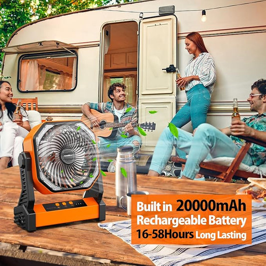 20000mAh Camping Fan, Rechargeable Portable Fan with 400 Lumes Light, 360° Rotatable Hook, 270° Pivot, 4 Speeds, 58Hrs Battery Powered for Tent Car Trip Outdoor BBQ Hurricane Power Outages