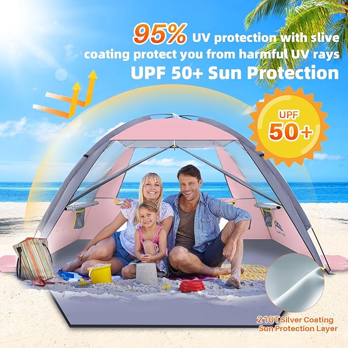 Happy Travel Beach Tent Sun Shelter for 3/4/5/6/7/8 Person, Portable UPF 50+ UV Protection Beach Shade Canopy for Family & Baby, Lightweight & Easy Setup Beach Cabana with 3 Ventilation Mesh Windows