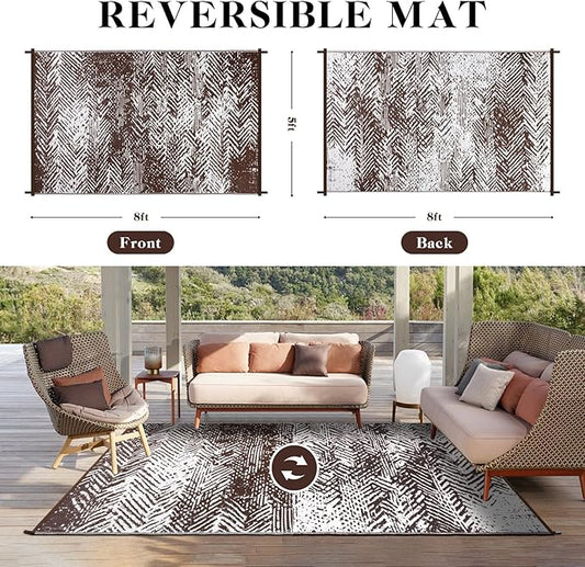 Outdoor Patio Rugs 4x6, Waterproof Reversible Outdoor Plastic Straw Rug Brown, RV Camping Mats UV-Resistant Outside Carpet Portable Area Mat for Garden Balcony Deck Picnic Beach Porch