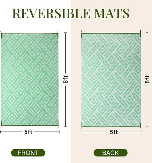 OPPODREAM Outdoor Rug 5x8 Ft, Waterproof Outdoor Plastic Straw Rug for Patio, Reversible Out Door Carpet for Camping, Deck, Rv, 5 x 8 Area Carpet for Balcony, Porch, Backyard, White and Green