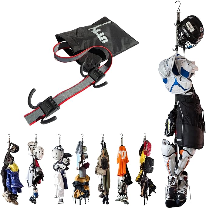 UTTY Hanging Multipurpose Portable Hockey Drying Rack - Durable Gear Keeper & Sports Equipment Organizer - 6 Adjustable Hooks Support Light to Heavy Weight for Home, Travel & Outdoor Use