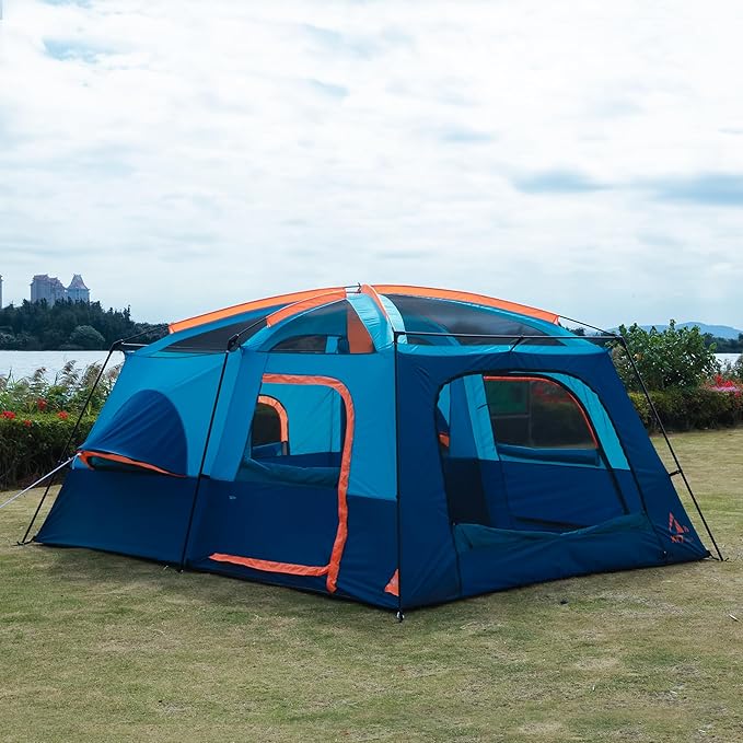 KTT Extra Large Tent 12 Person,2 Bay-Windows,Family Cabin Tents,14'Lx10'Wx6.58'H,2 Rooms and 3 Doors 3 Windows with Mesh,Waterproof,Straight Wall,Big Tent for Outdoor,Picnic,Camping,Gathering