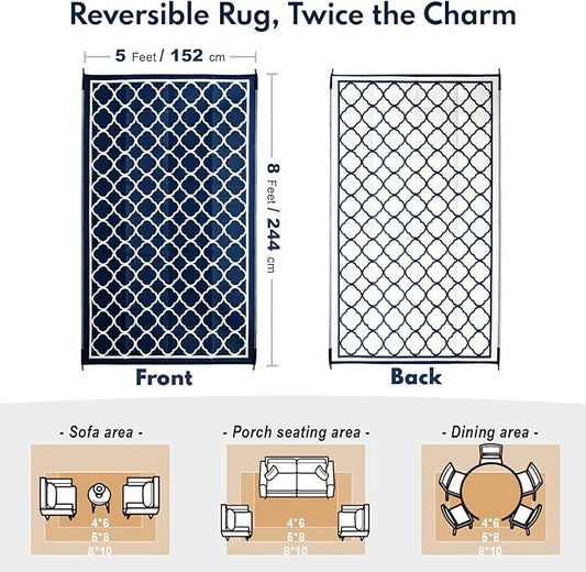 Waterproof Outdoor Rug 5x8 ft, Reversible Plastic Straw Rug, Easy to Clean Patio Rug, Portable Carpet for Patio, RV, Deck, Balcony, Backyard, Picnic, Beach, Clover, Navy Blue