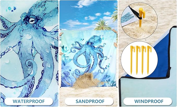 Beach Blanket, Wateresistant Sandproof Sand Free Beach Mat with Corner Pockets Portable Bag for Beach Festival,Picnic,Travel and Outdoor Camping Activties (BL-Octopus, 79"ร83"(4 Person))