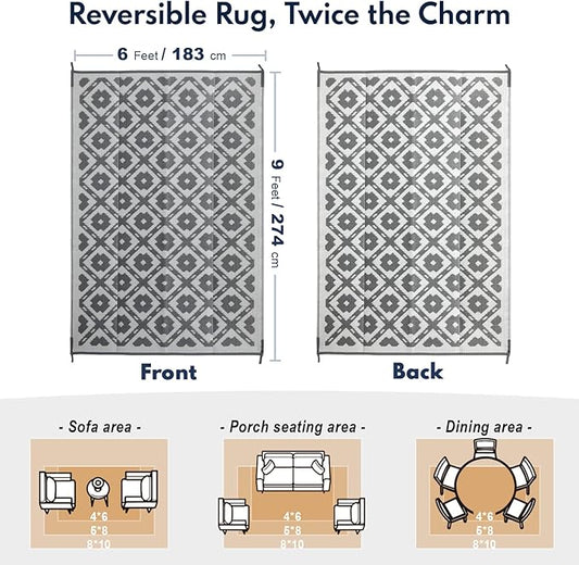 Waterproof Outdoor Rug 6x9 ft, Reversible Plastic Straw Rug, Easy to Clean Patio Rug, Portable Carpet for Patio, RV, Deck, Balcony, Backyard, Picnic, Beach, Square Dashed, Gray