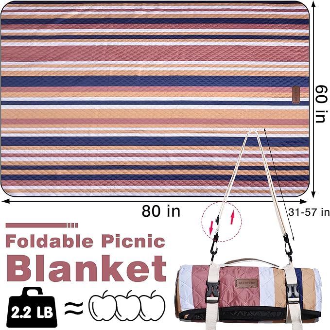 Waterproof Picnic Blanket 80" x 60" in Portable with Carry Strap for Beach Mat or Family Outdoor Camping Party, Park Blanket for Grass Park, Hiking, Travel, Concerts (Brown&Orange, 80" x 60")