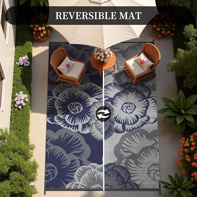 MontVoo Outdoor Rug 8x10 Waterproof Patio Rug-Outdoor Carpet Mat Reversible Plastic Straw Outside Outdoor Rug for RV Camping Picnic Beach Balcony Backyard Pool Deck Farmhouse Floral Navy Blue