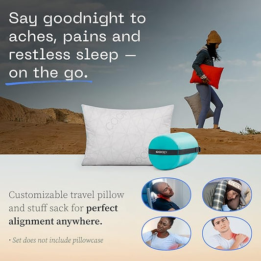Coop Home Goods Original Adjustable Travel Pillow and Waterproof Pillow Protector Grey Bundle with Compressible Stuff Sack, Medium-Firm Memory Foam and Washable Cover, CertiPUR-US Certified (19x13)